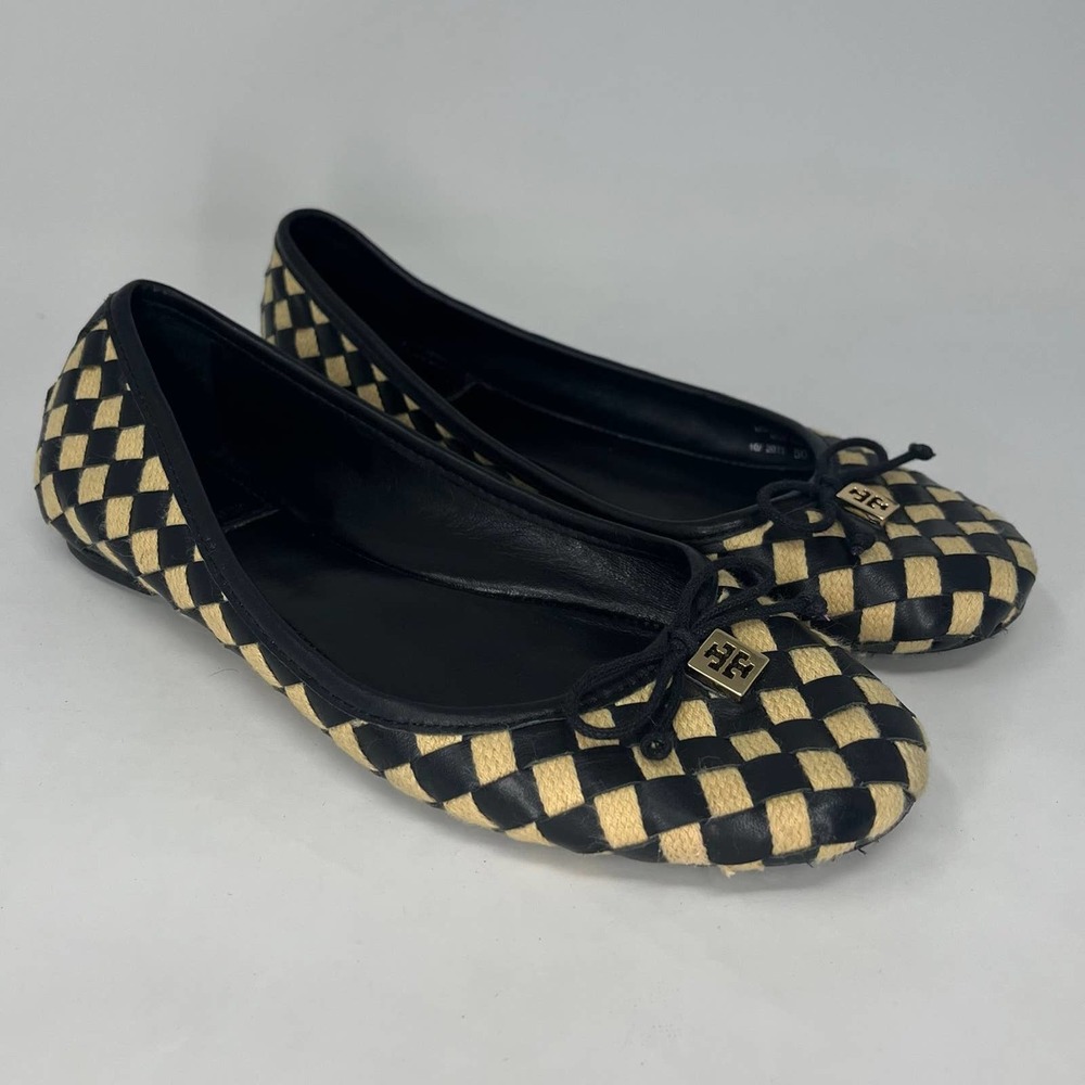 Tory Burch Woven Black Leather and Beige Bow Accents Ballet Flats Womens 5.5